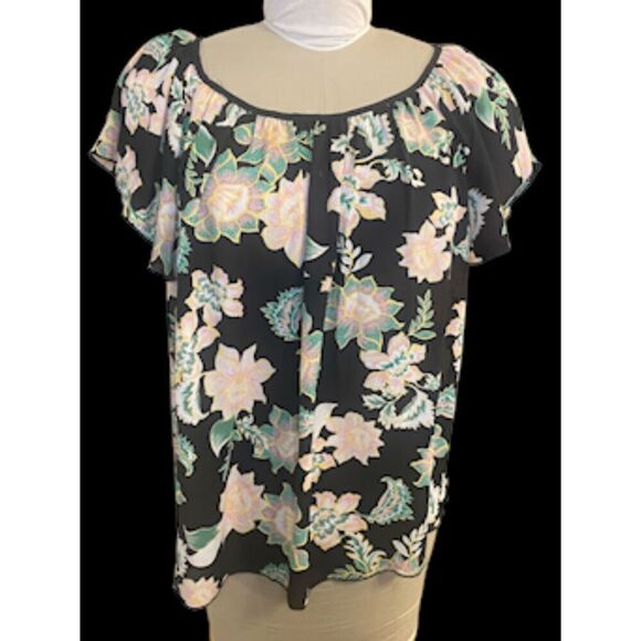 Philosophy Women’s Flutter Sleeve Black Floral Print Top Sz. XL Lightweight - Picture 2 of 11